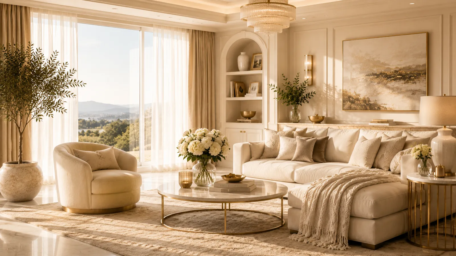 Serene luxury living room with a plush cream sectional sofa, marble coffee table, indoor plants, warm natural sunlight, and elegant neutral décor creating a calm and inviting home.