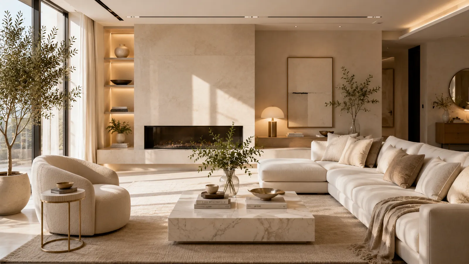 Serene modern living room with a plush cream sofa, marble coffee table, warm natural light, indoor plants, and elegant neutral décor creating a calm luxury home atmosphere.
