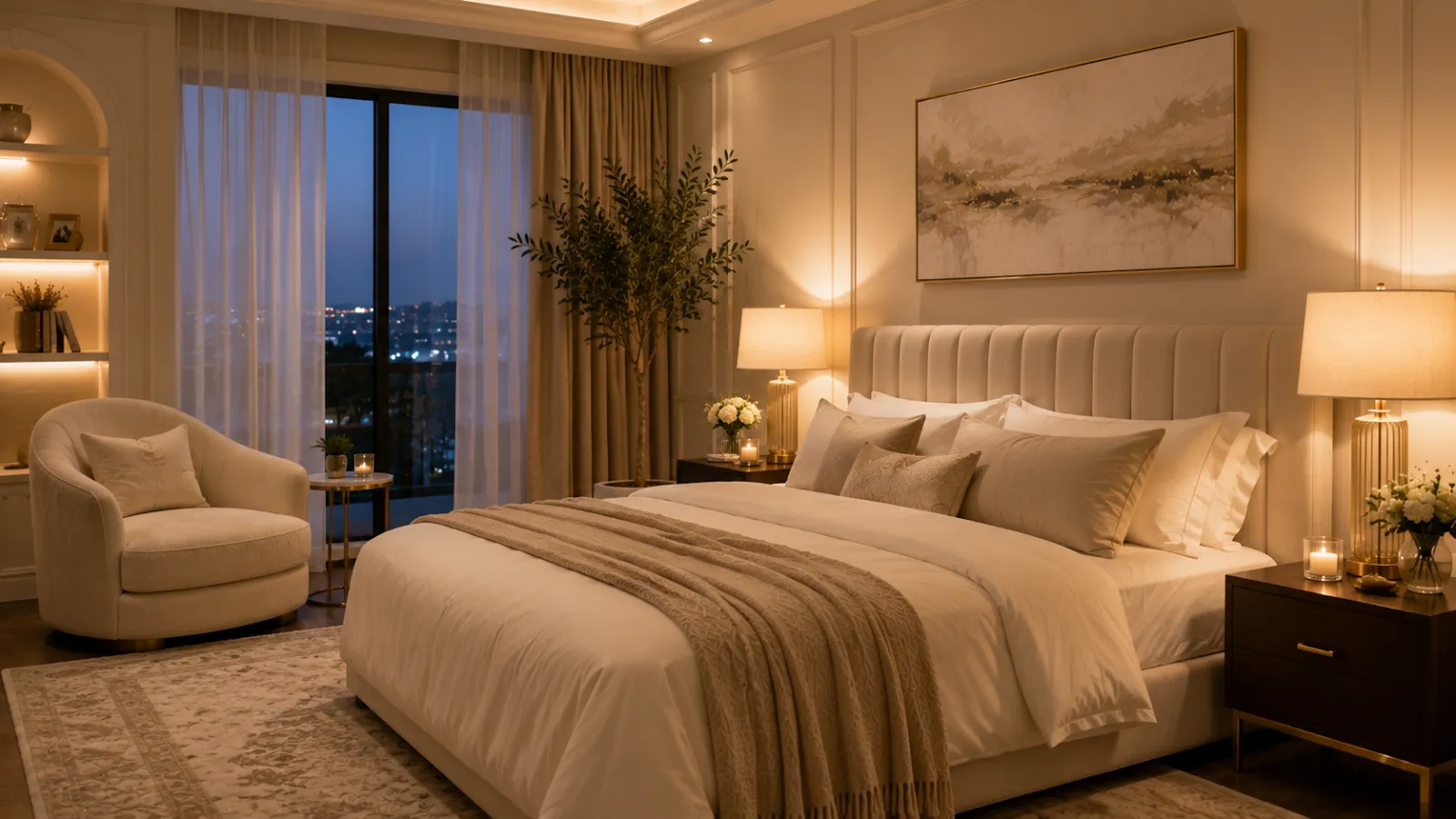 Luxurious bedroom with cream bedding, elegant upholstered bed, warm bedside lamps, soft neutral décor, indoor plant, and a peaceful boutique hotel-inspired atmosphere.