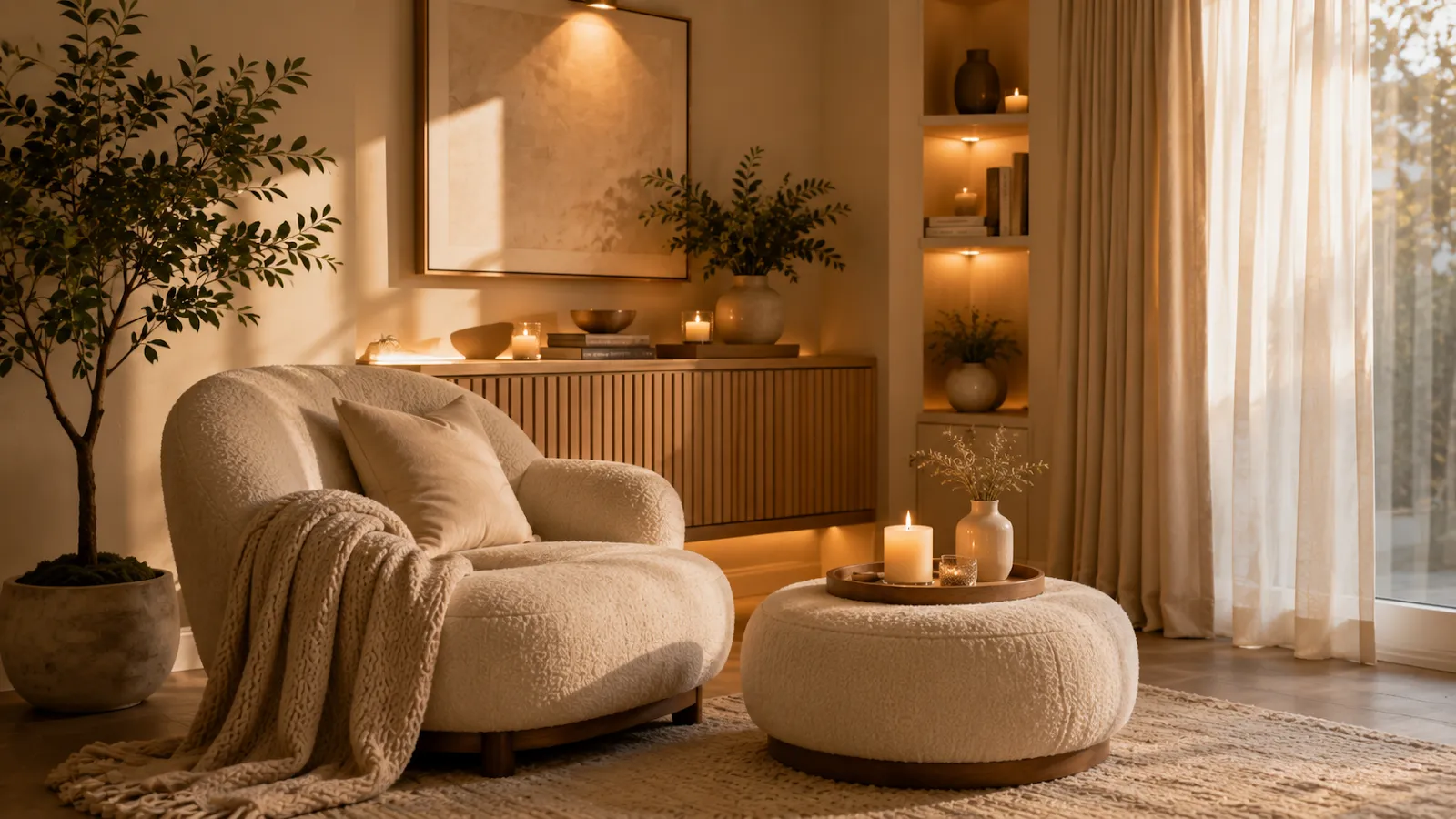 Peaceful reading nook with a plush cream accent chair, textured throw blanket, candles, soft lighting, neutral décor, and indoor plants creating a cozy luxury home atmosphere.