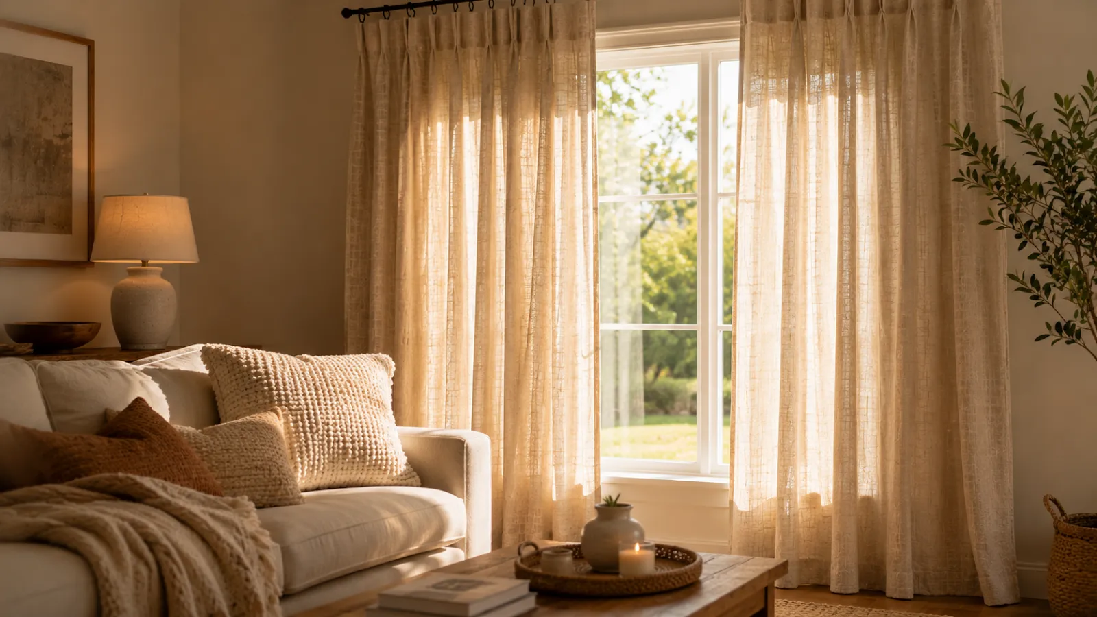Warm, cozy living room styled with soft neutral textiles, layered pillows, and a jute rug for a calm home aesthetic