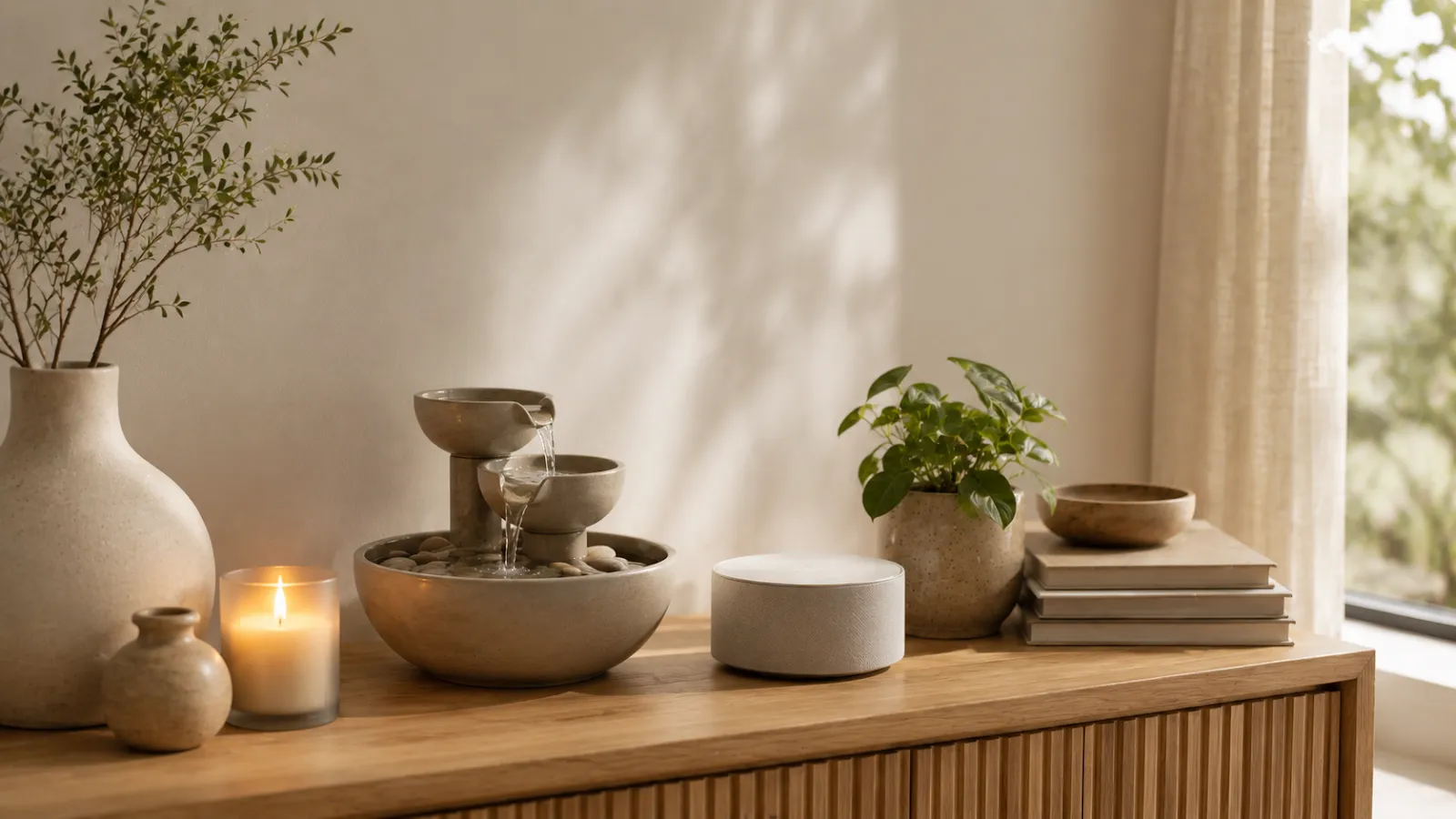 Tabletop water fountain and white noise machine styled on a wooden console