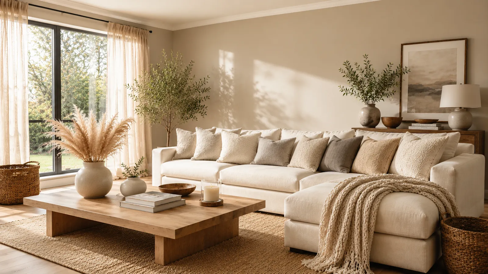 Living room with muted neutral color palette, beige sofa, and warm natural lighting