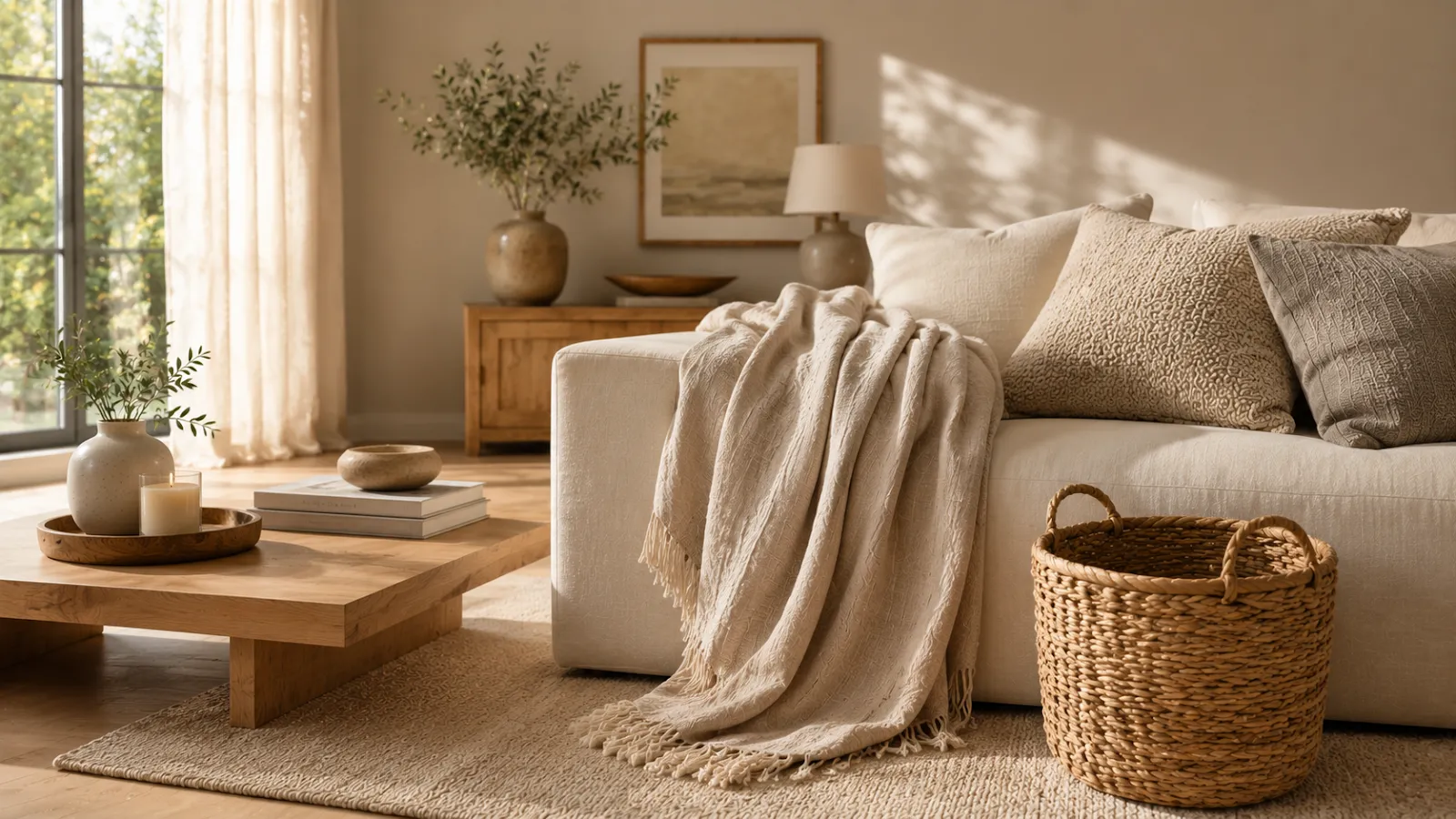 Layered natural textures in cozy home decor — linen, rattan basket, and wood tray