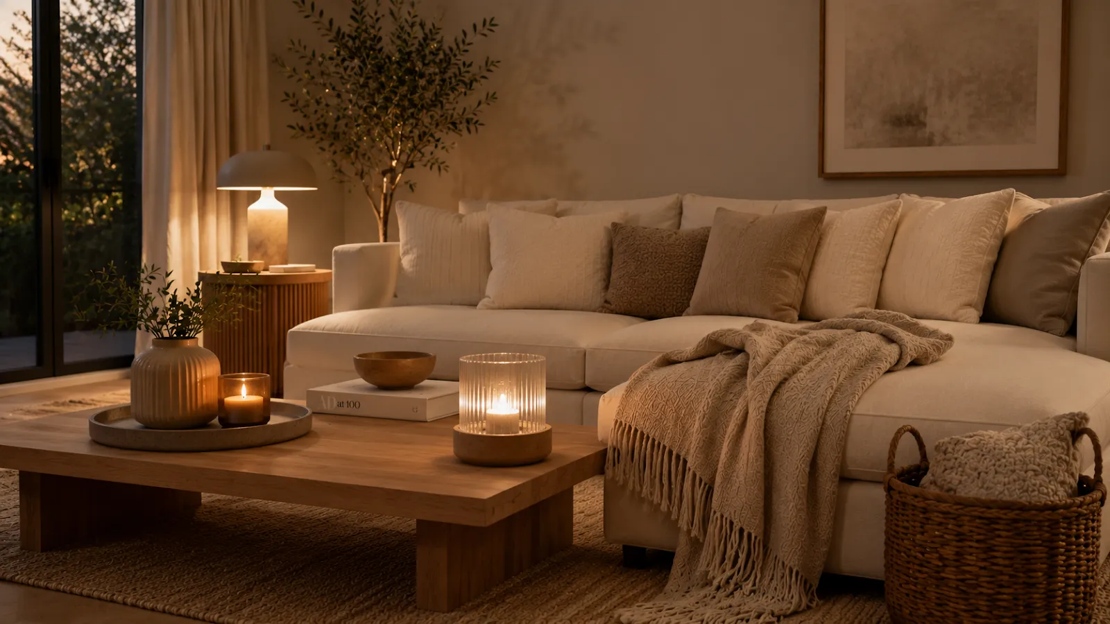 Cozy reading nook with warm floor lamp and lit candle for calm evening lighting