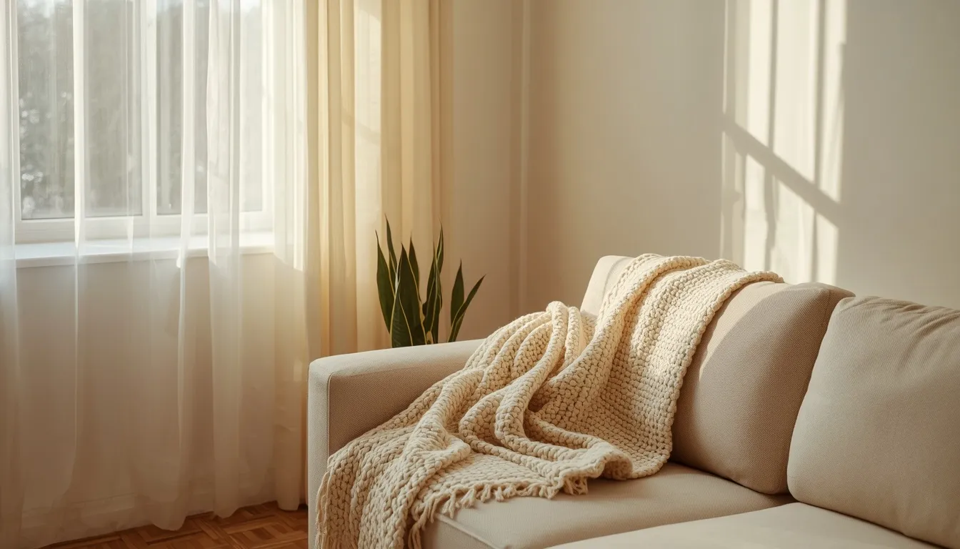 Cozy living room corner with cream sofa, chunky knit throw, and soft natural window light