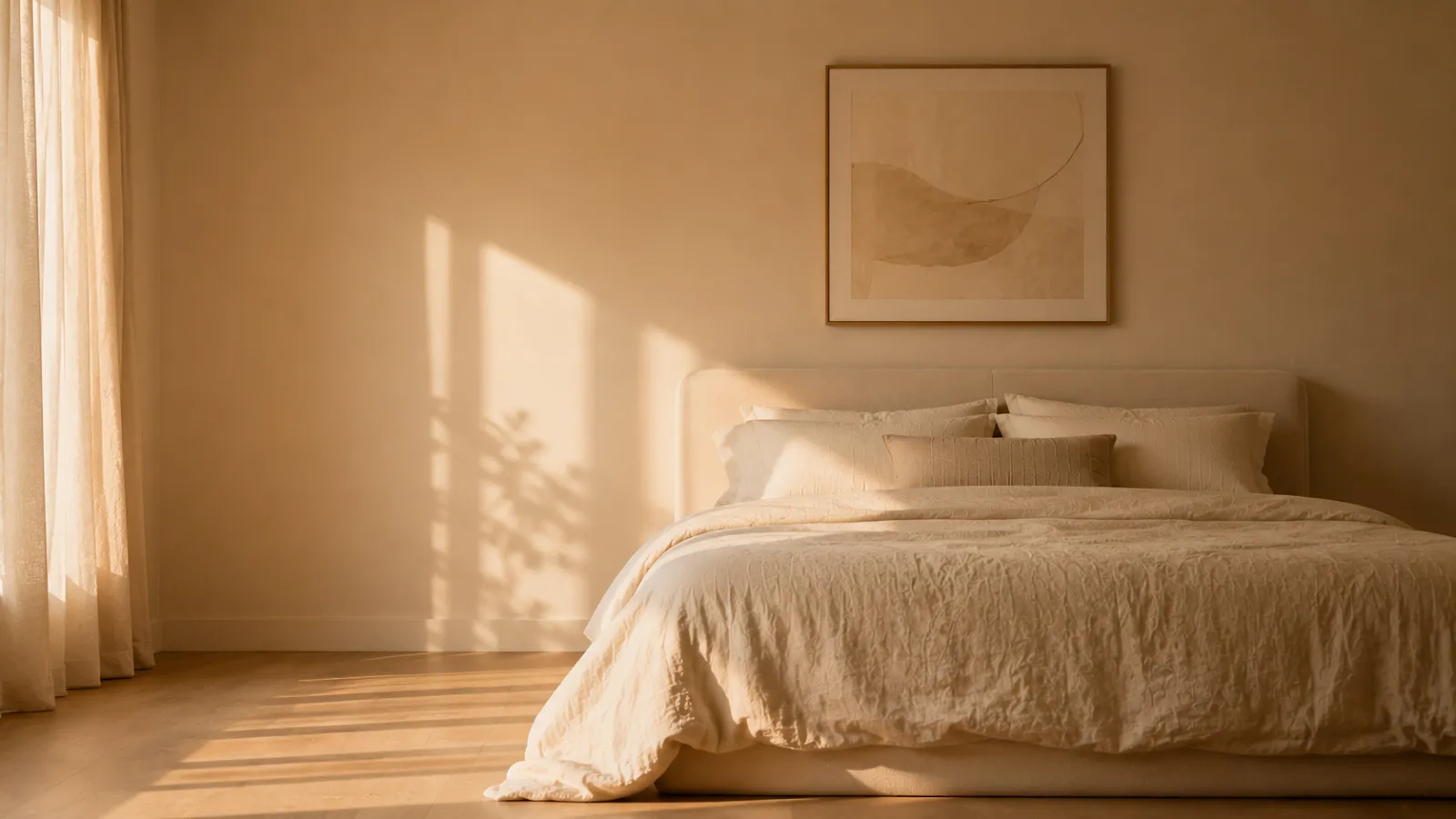 Minimalist bedroom with a single abstract art print above the bed as the room's one intentional statement piece