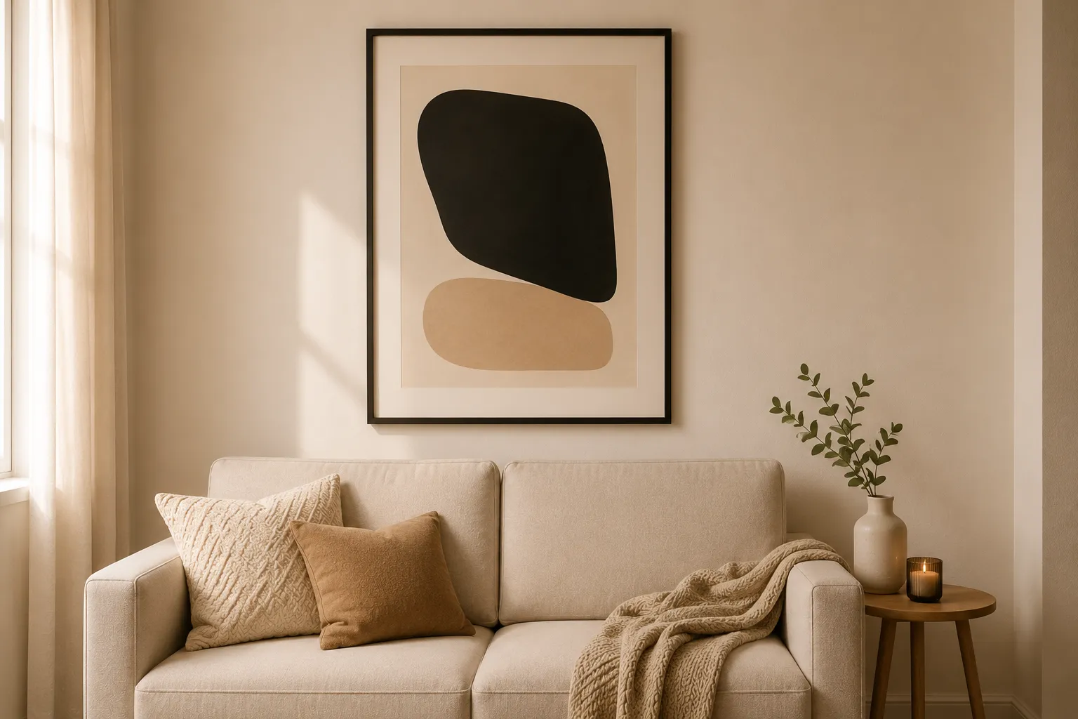 Bold black abstract art print serving as a single statement piece above a neutral sofa