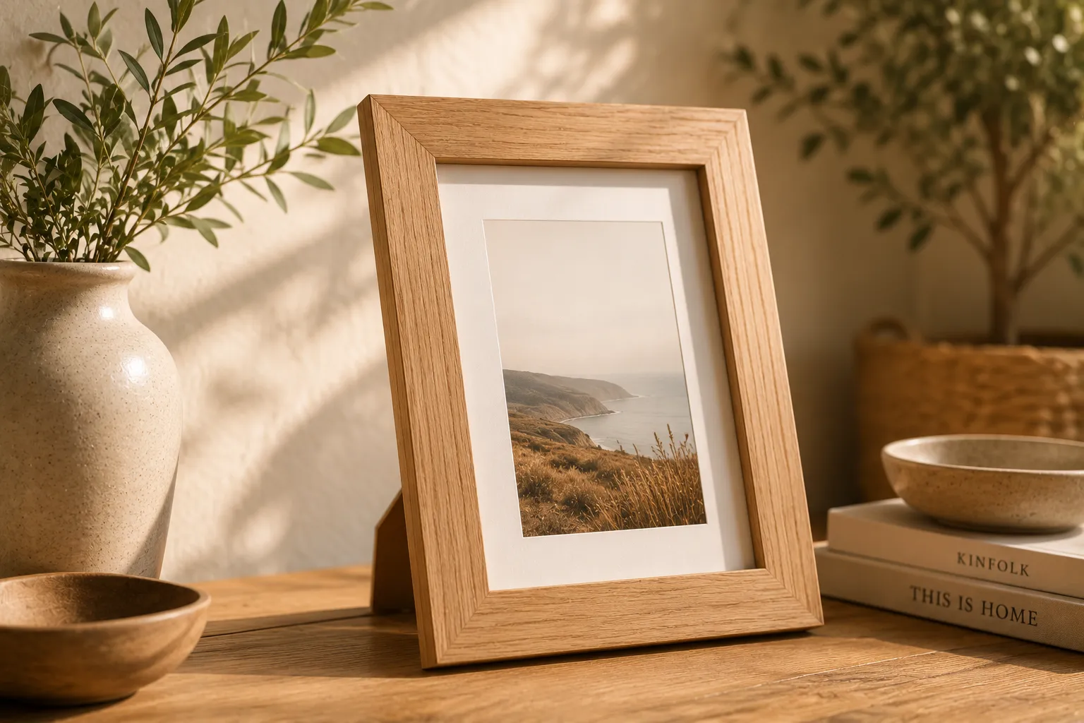 Natural oak picture frame styled on a console table as a single intentional decor piece