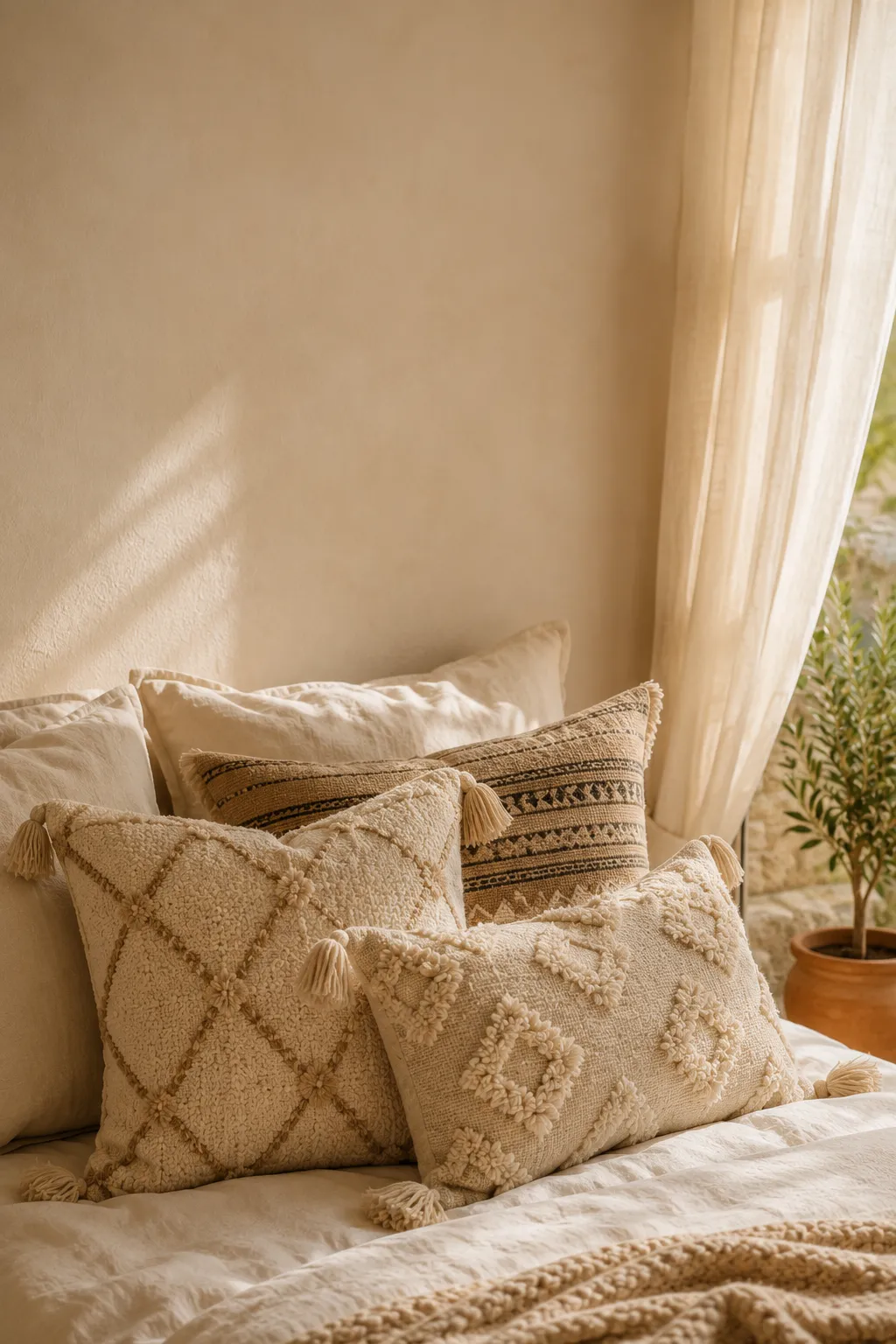 Plush Moroccan throw pillows styled on a bed for a cozy, sensory-friendly bedroom.