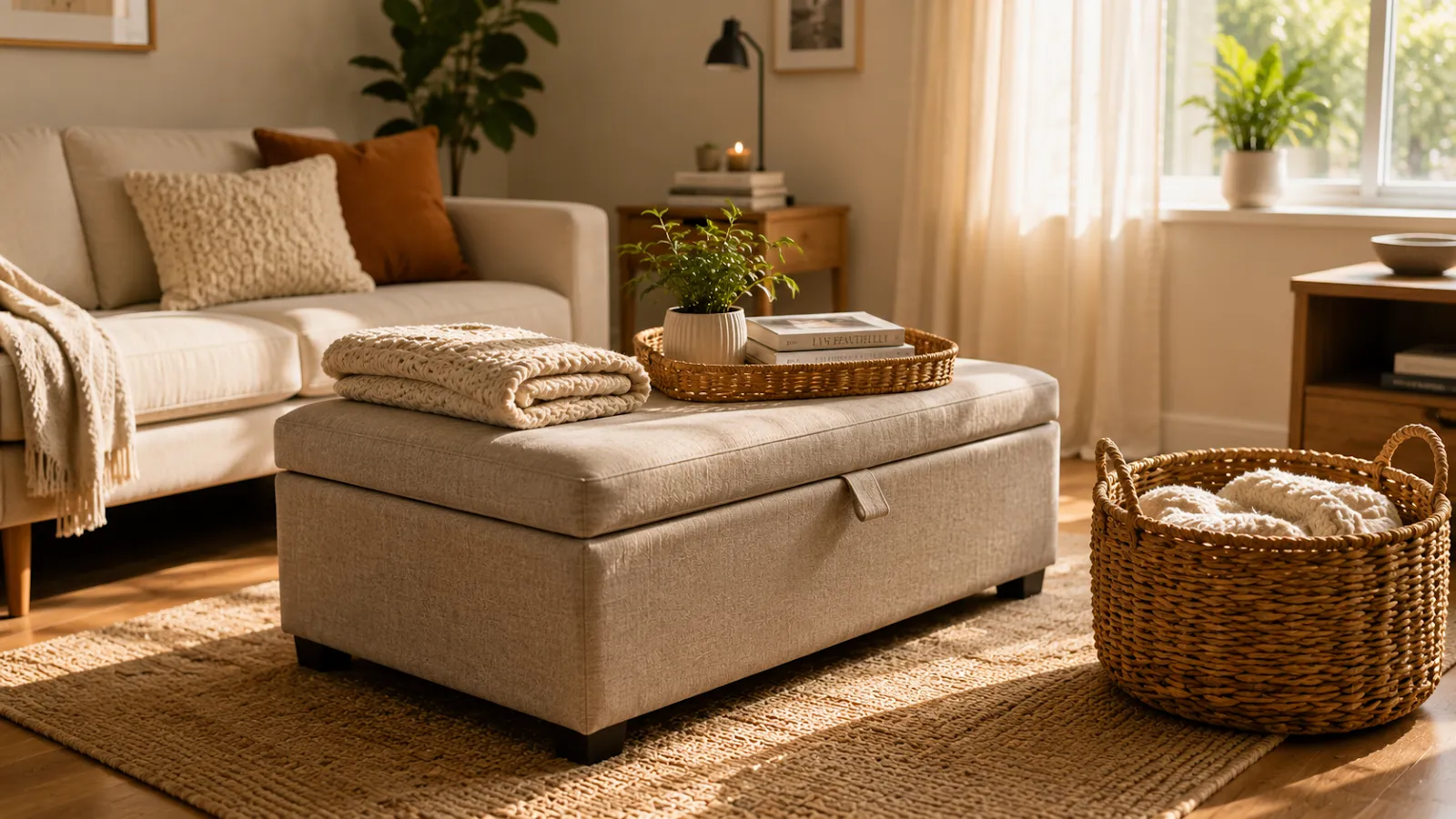 Beige storage ottoman doubling as a coffee table in a small living room, topped with a folded throw and tray