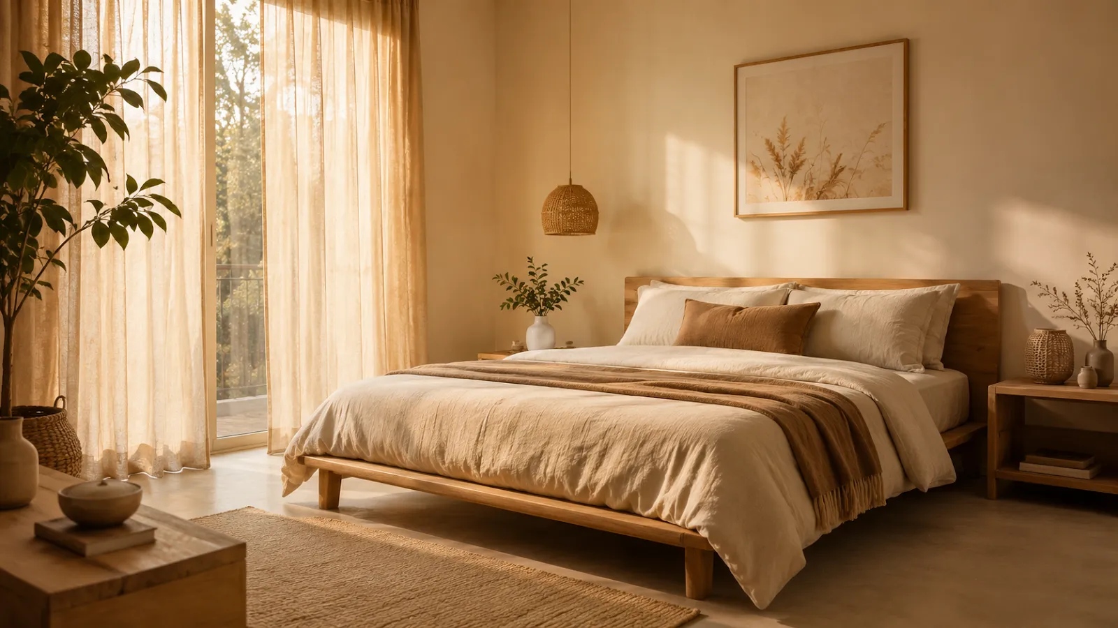 Bedroom decorated in soft warm neutral tones with cream linen bedding and natural wood furniture for a calming palette