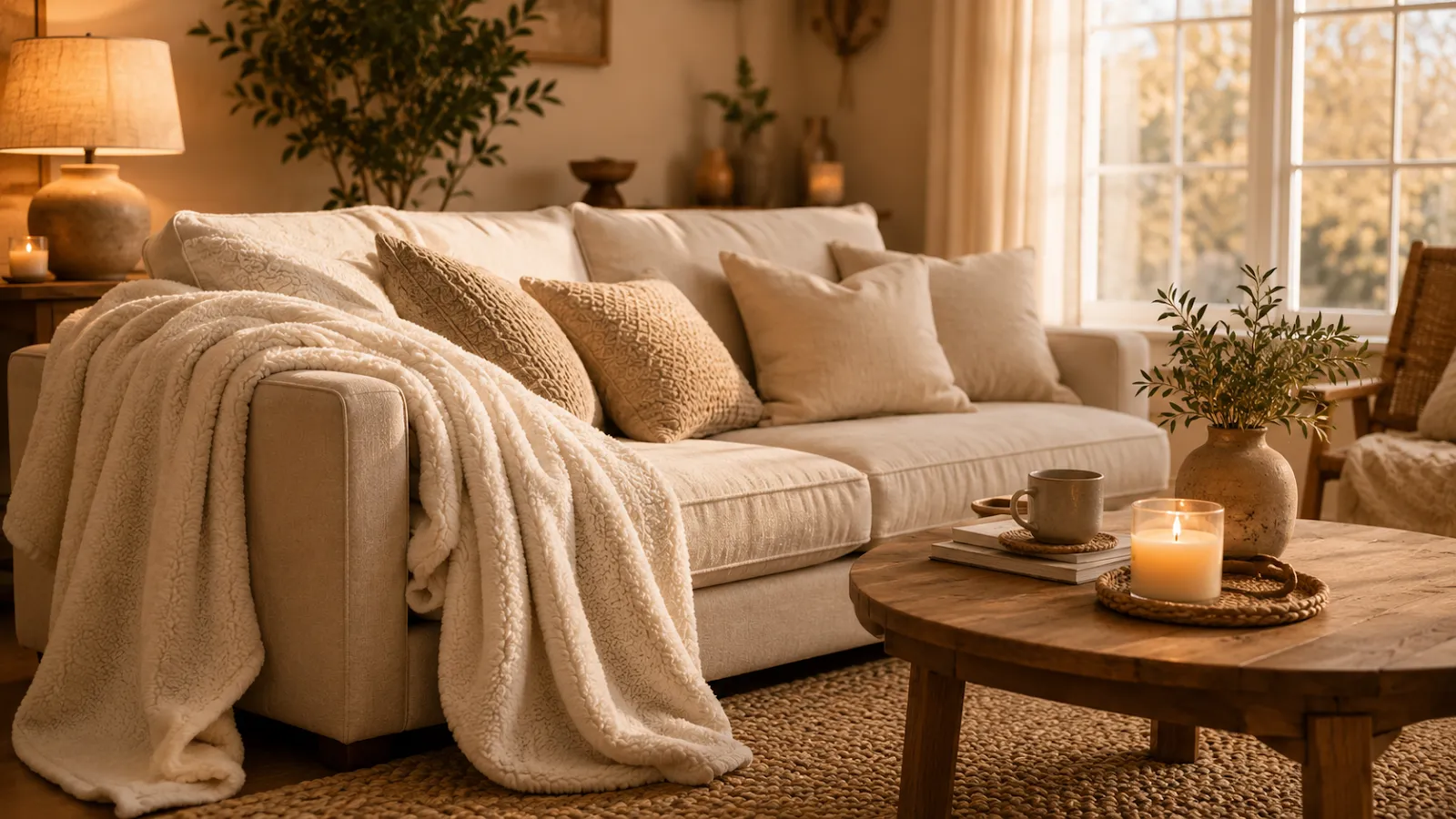 Soft white fleece throw blanket draped over a beige linen sofa in a warm, cozy living room