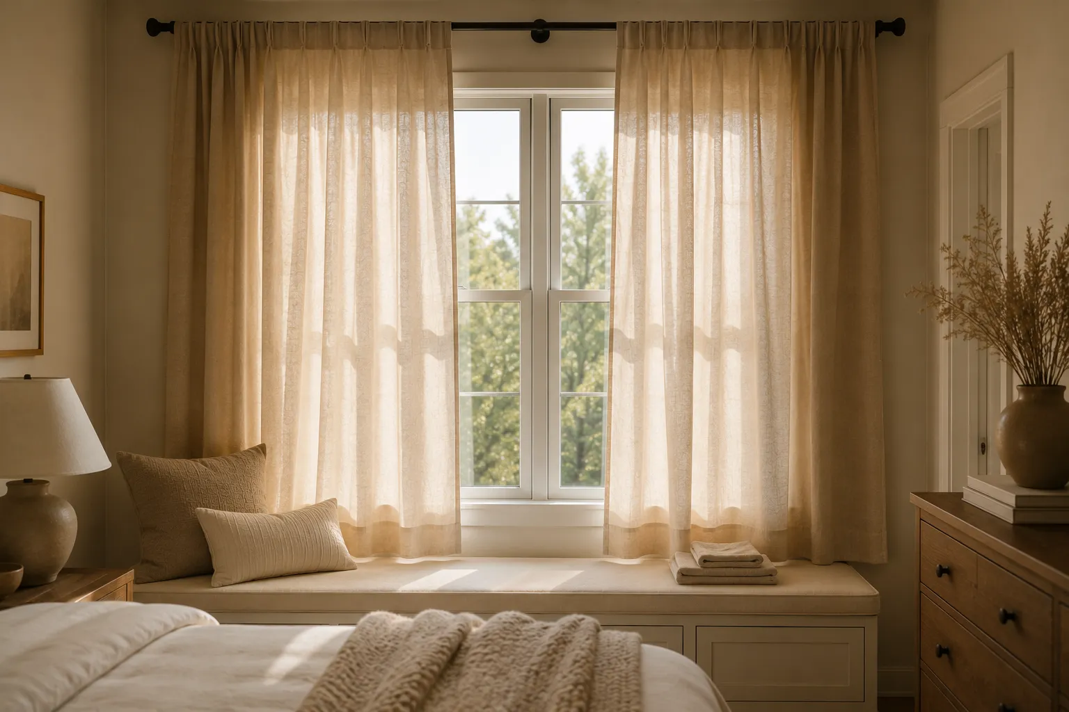 Cream blackout curtains filtering soft morning light in a cozy bedroom.