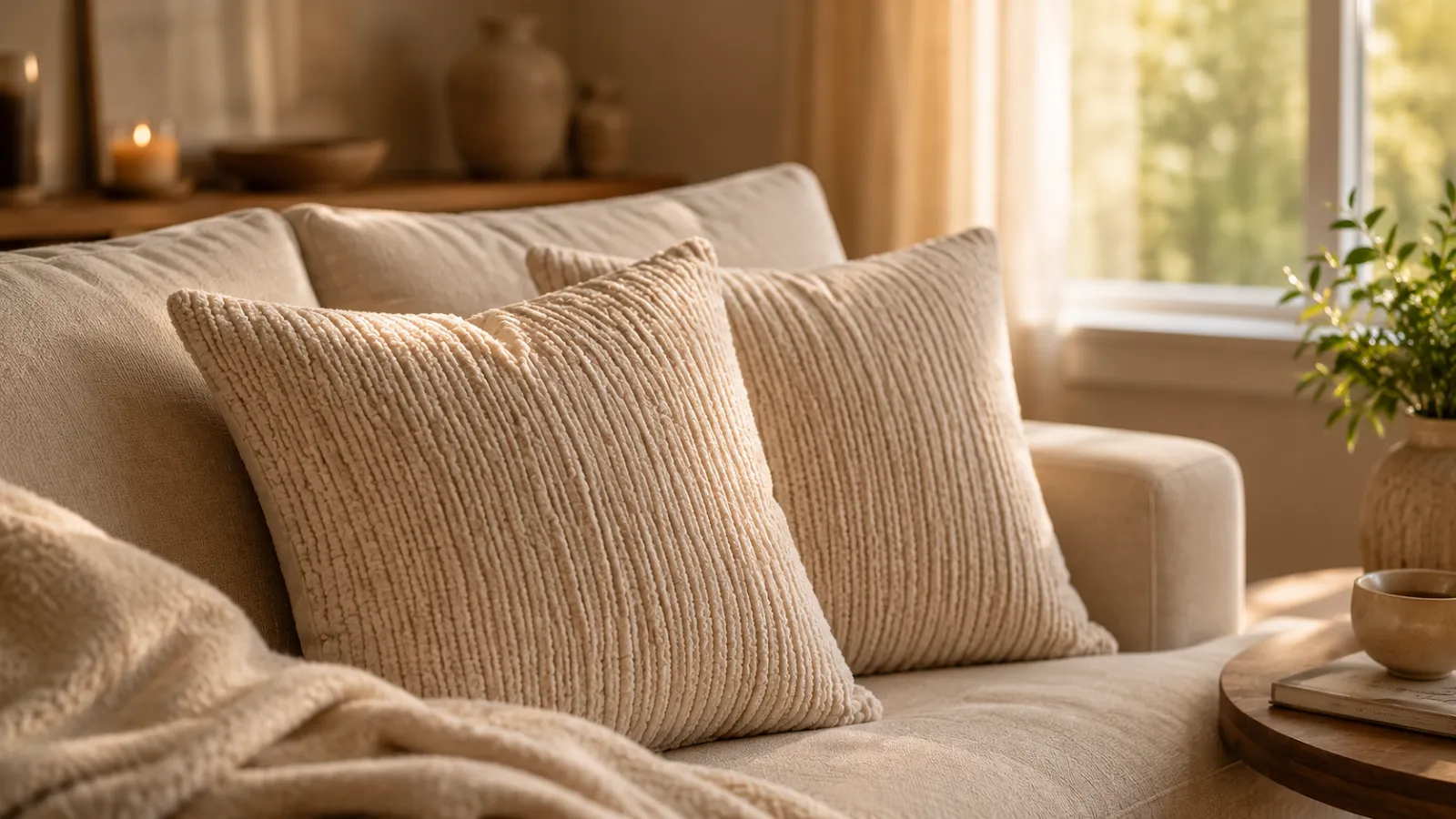 Two cream chenille textured throw pillows styled on a beige sofa for added warmth and texture