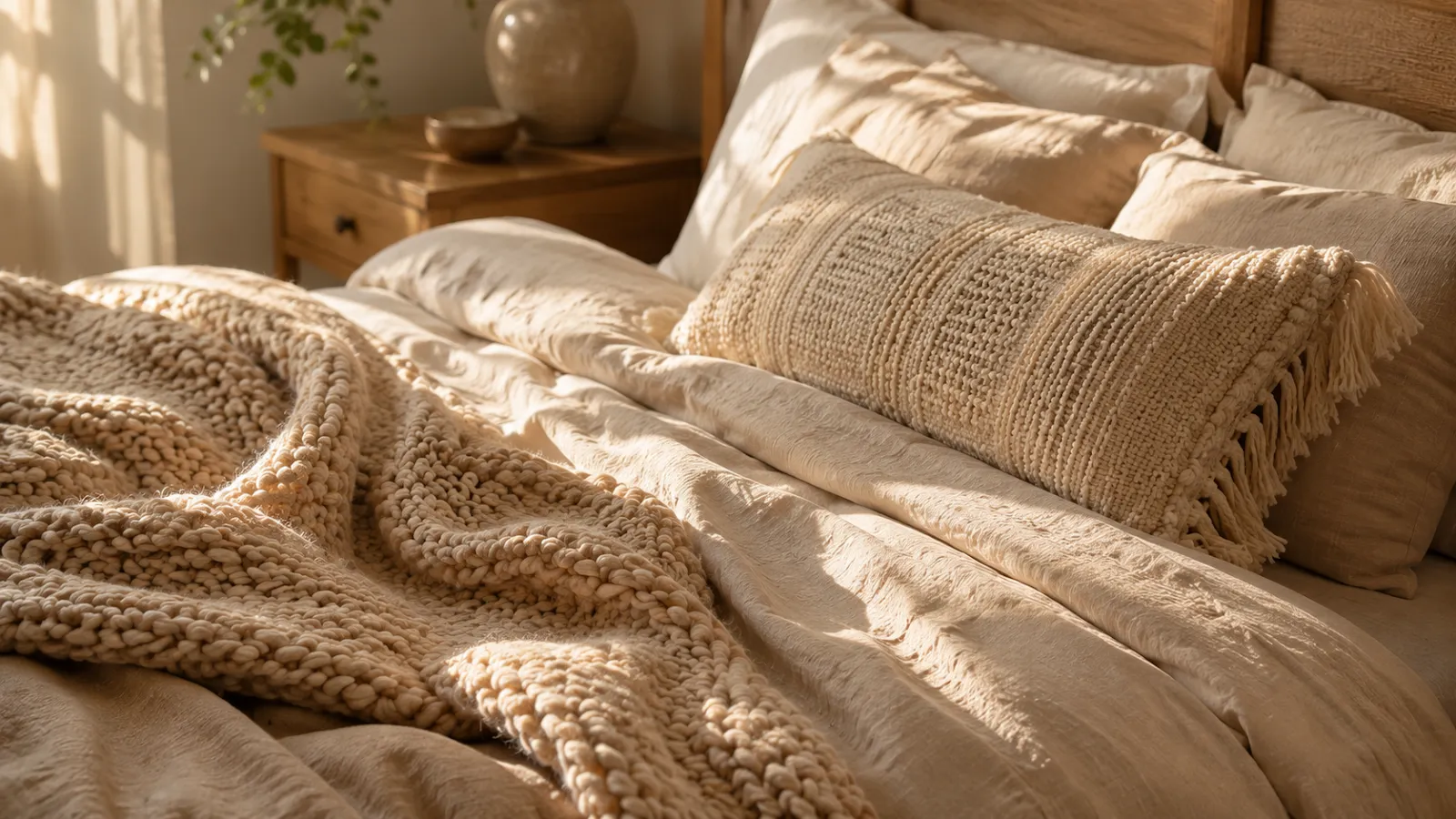 Close-up of a bed layered with soft linen sheets, a chunky knit throw, and a textured woven pillow for a cozy tactile feel
