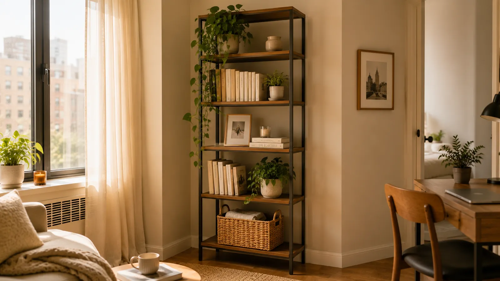 Tall black metal and wood bookshelf styled with books, plants, and framed photos to maximize vertical storage
