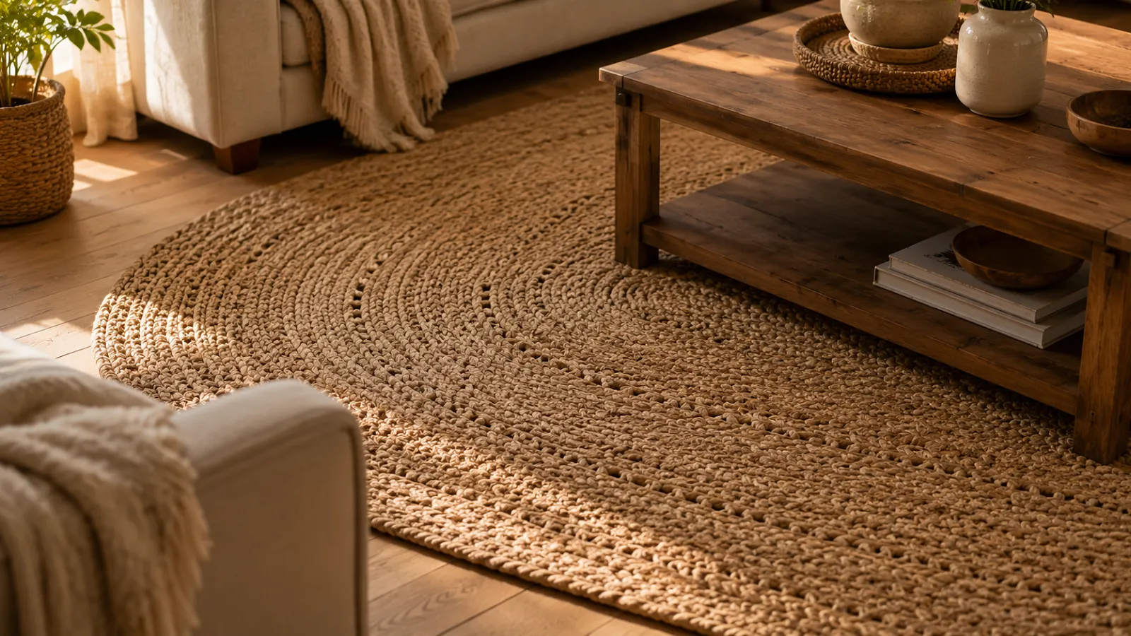 Natural jute braided area rug on a wood floor beneath a coffee table, adding texture to a cozy living room
