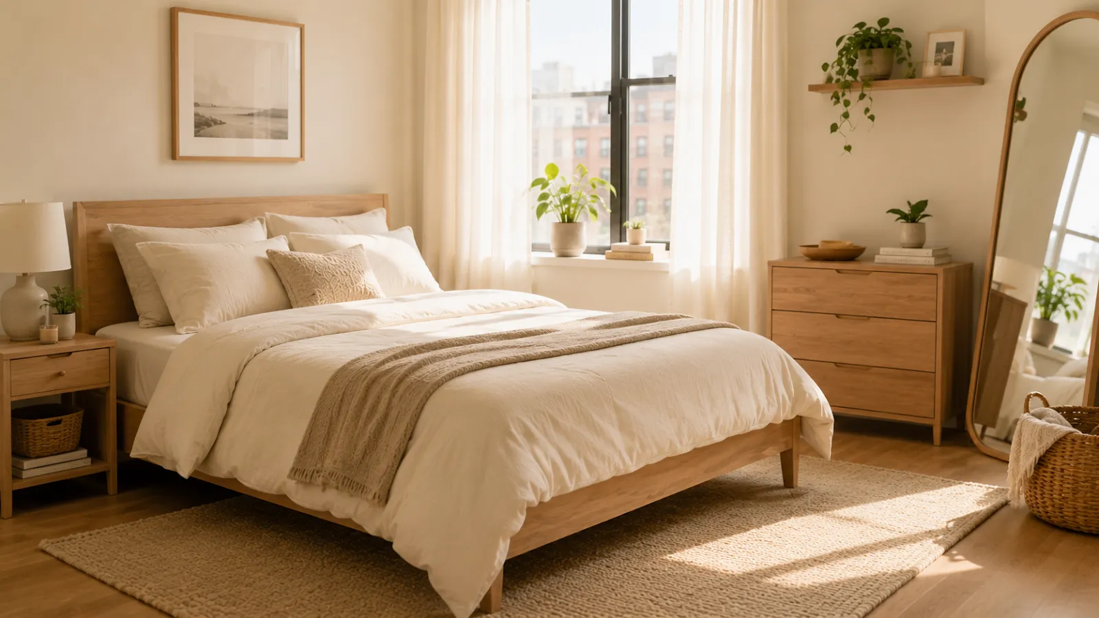 Bedroom decorated in a light, neutral color palette with cream bedding, wood furniture, and soft natural light