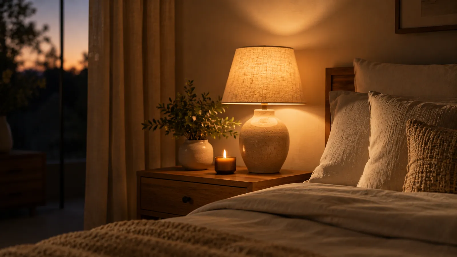 Bedroom nightstand with a warm glowing lamp at dusk, creating soft ambient light to help signal bedtime