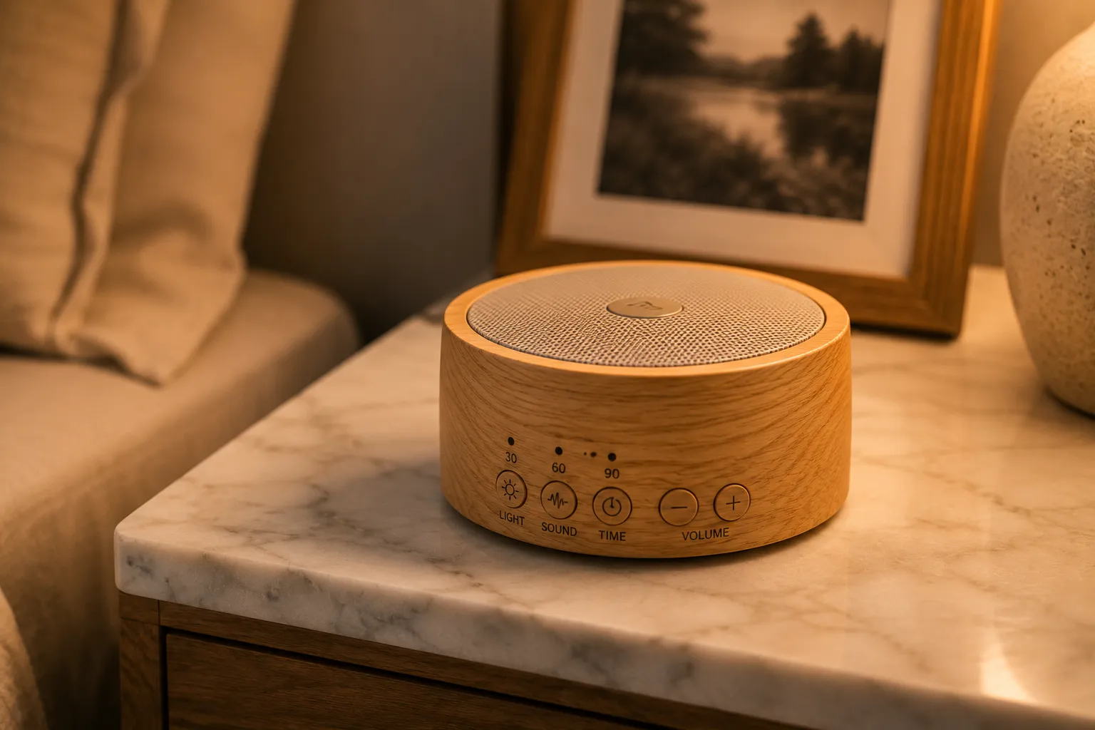 Oak wood grain white noise machine styled on a bedroom nightstand for better sleep.