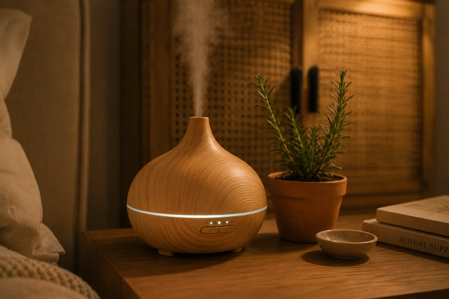 Wood-grain essential oil diffuser releasing mist on a cozy bedroom nightstand.