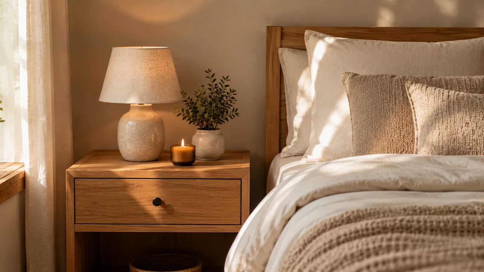 Minimalist bedroom nightstand styled with only a lamp, a small candle, and one potted plant on a clear surface