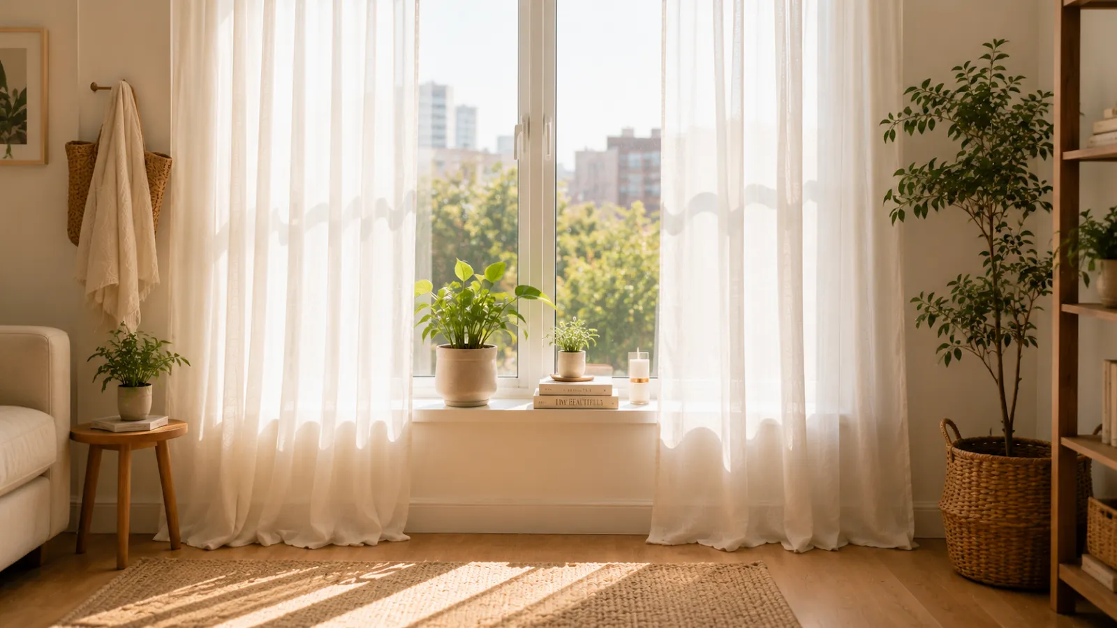 Sheer white curtains framing a bright window with potted plants on the sill, filling the room with natural light