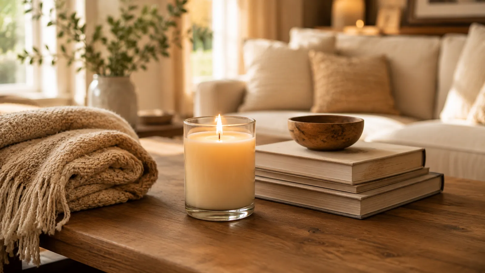Lit soy candle in a glass jar on a wood coffee table, styled with a throw blanket and stack of books