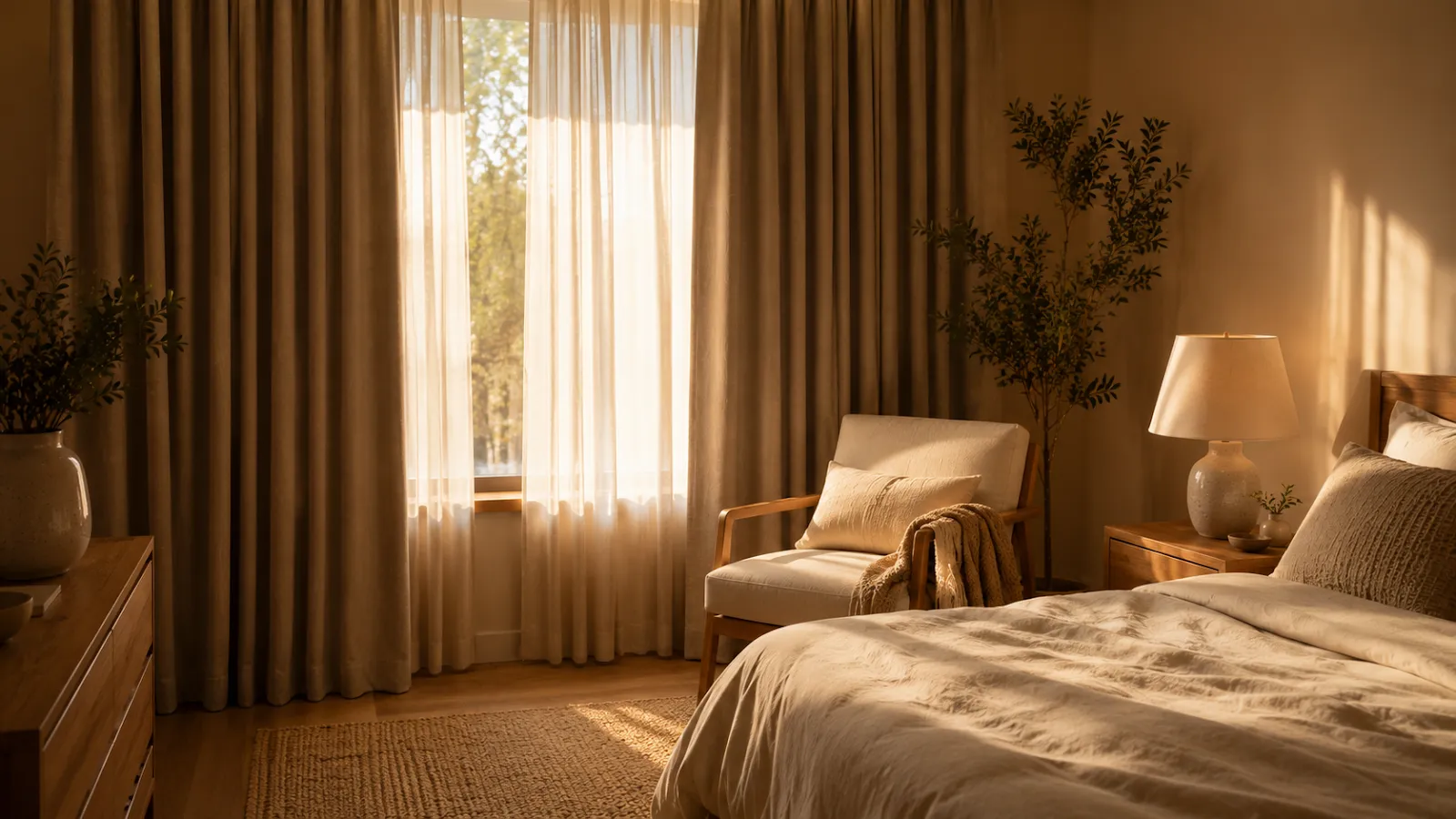 Bedroom window with heavy drawn curtains filtering soft light, helping block outside light and noise for better sleep