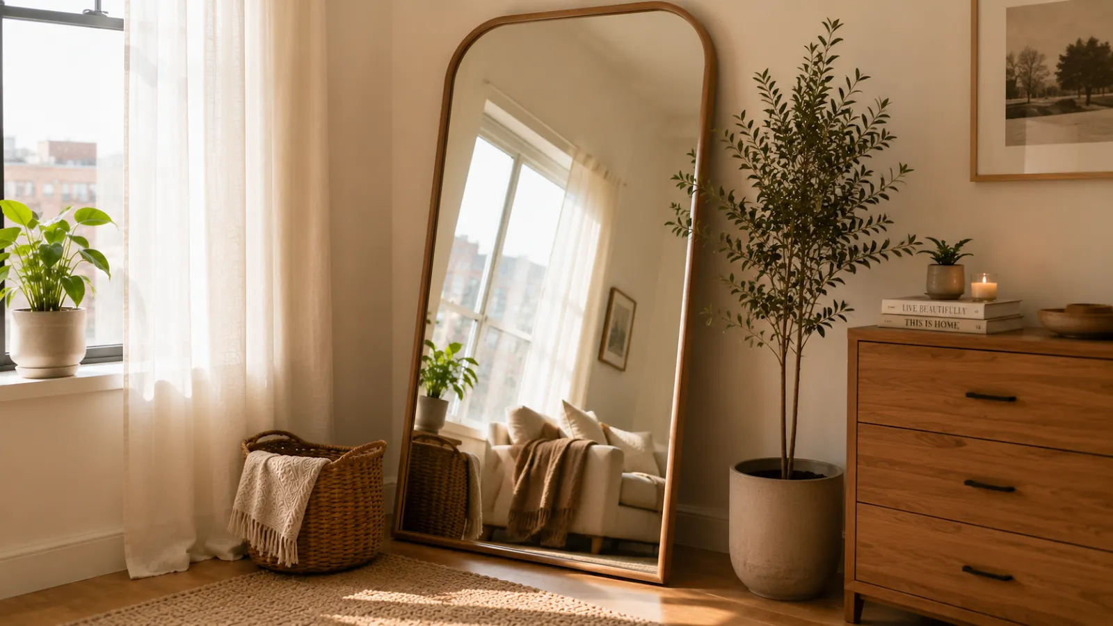 Large arched floor mirror leaning against a bedroom wall to visually expand the small space