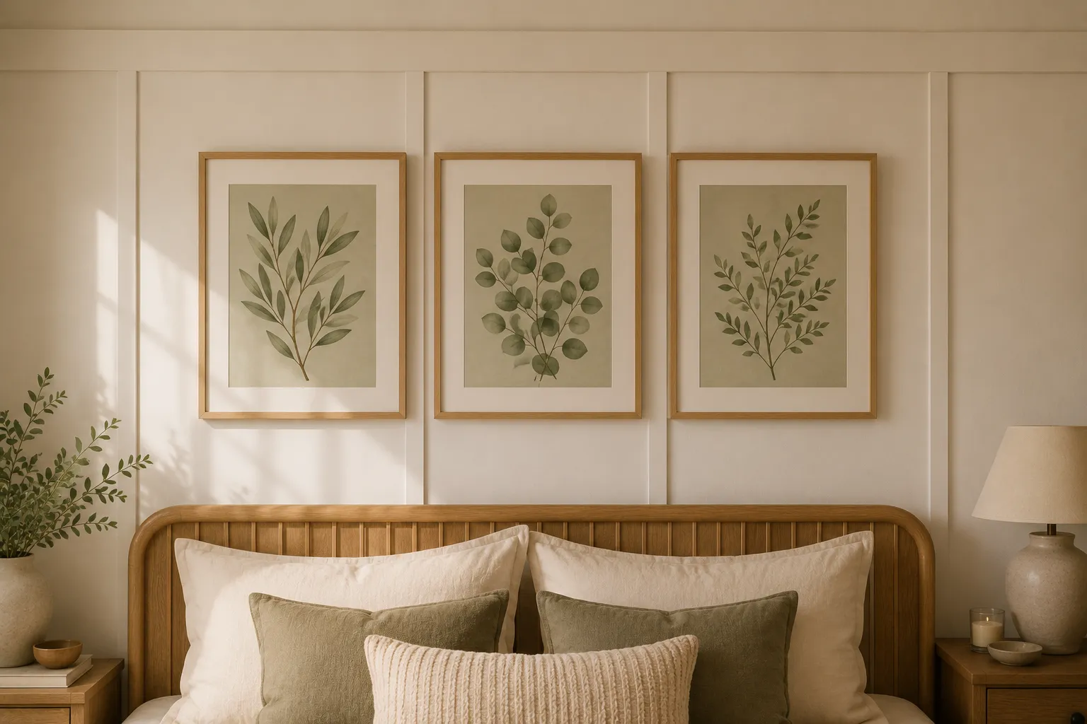 Sage green botanical wall art set hanging above a neatly made bed.