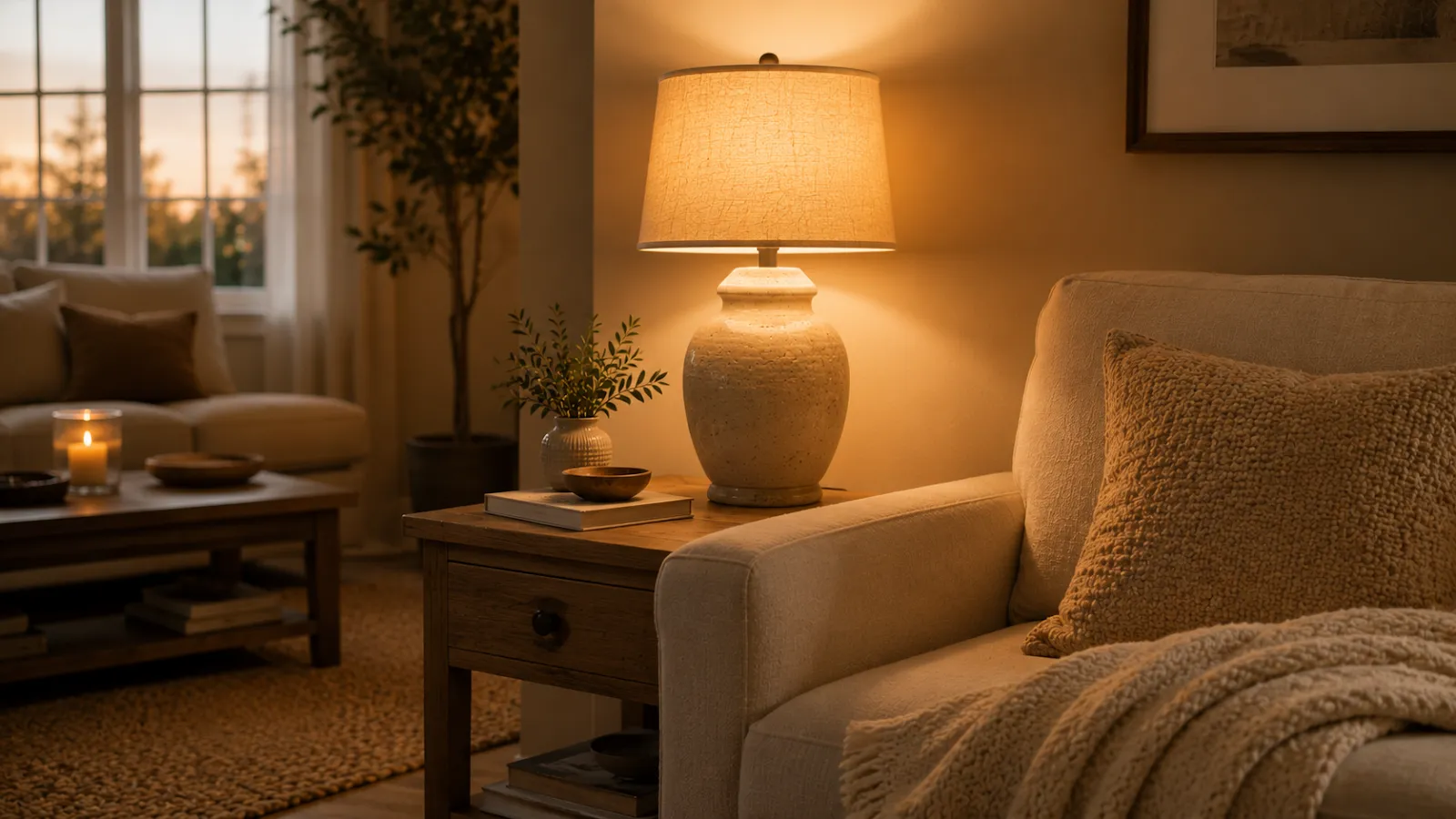 Warm ceramic table lamp glowing softly beside a beige armchair in a cozy living room corner