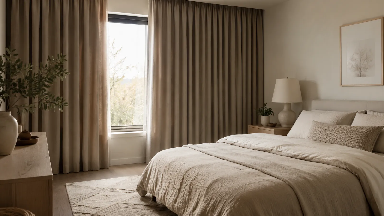 Cozy bedroom with heavy neutral curtains, plush rug, and warm cream bedding