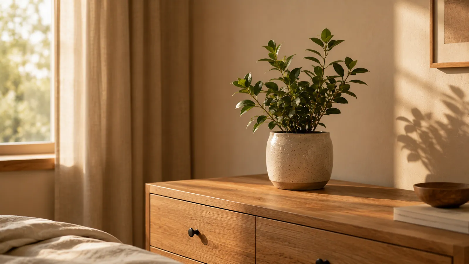 Simple wood dresser topped with a single small potted plant, adding a calming natural touch without clutter