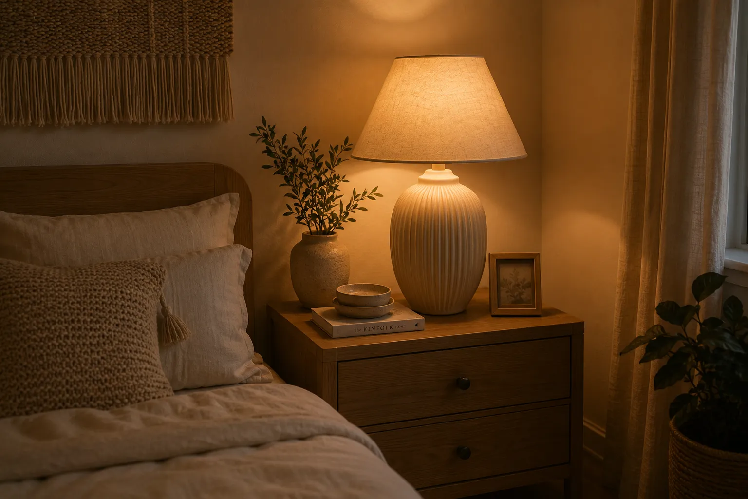 Ceramic table lamp with linen shade glowing warmly on a bedroom nightstand.