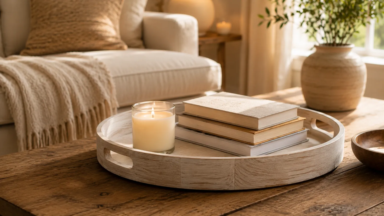 Round whitewashed wood tray styled with a candle and stacked books on a coffee table
