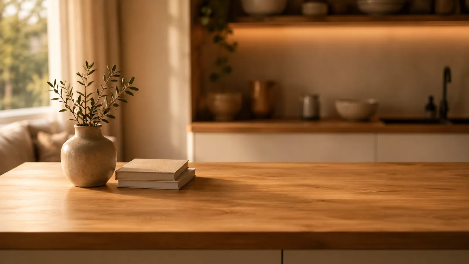 Clear wood kitchen countertop styled with just a ceramic vase of eucalyptus and two stacked books, emphasizing an uncluttered, calm surface