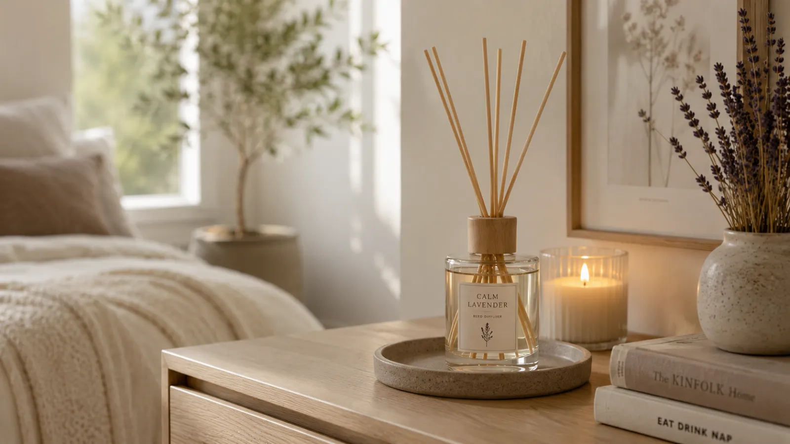 Reed diffuser, lit candle, and dried lavender styled on a wooden nightstand