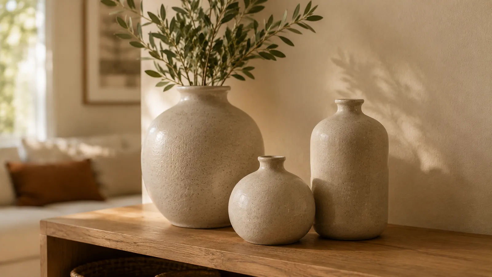 Set of three neutral ceramic vases in varying sizes styled together on a wood console table