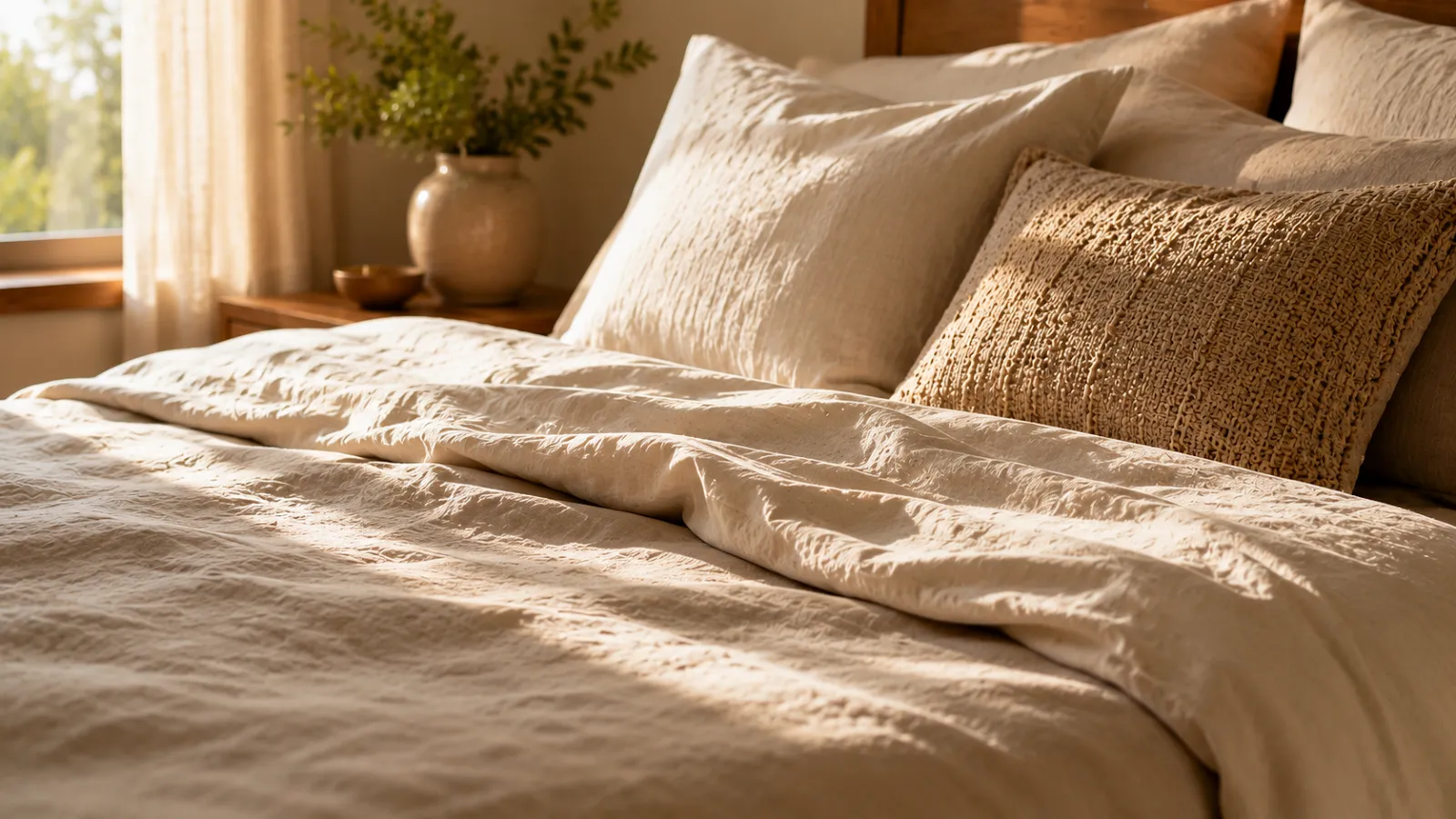 Close-up of soft, breathable linen bedding in warm cream tones with natural texture and gentle folds