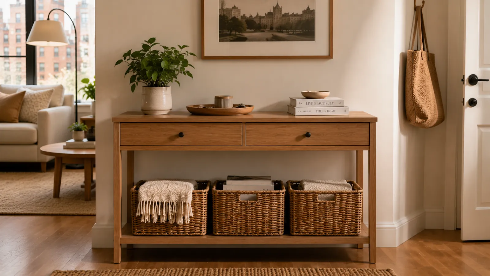 Wood console table with three woven baskets tucked underneath for hidden storage in a small entryway