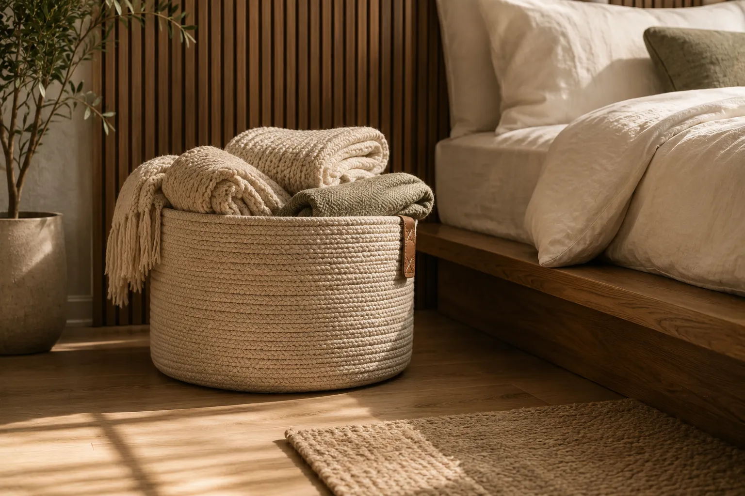 Oatmeal woven storage basket filled with folded blankets beside a bed.