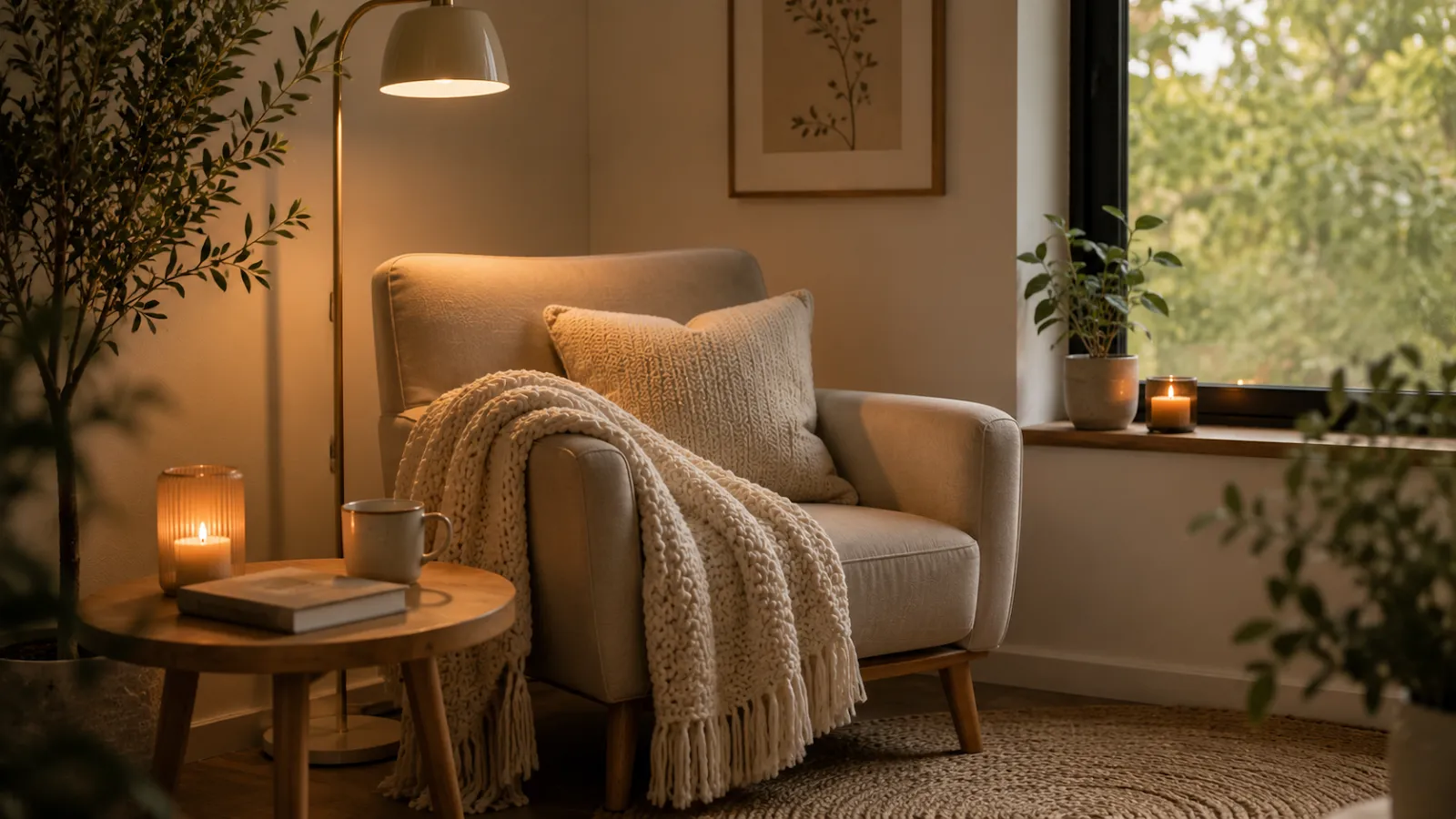 Cozy armchair reading corner with knit throw, warm lamp, and cup of tea