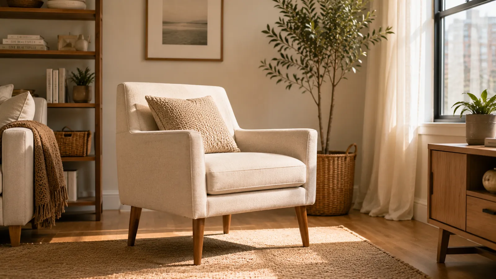 Cream accent chair with slim, visible wooden legs that keep a small living room feeling open