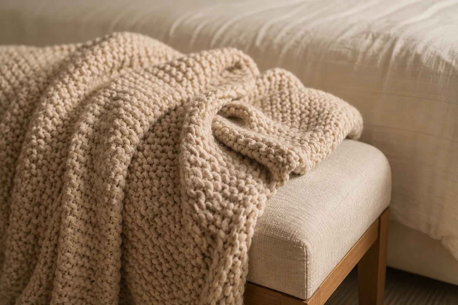 Chunky knit beige throw blanket draped over the foot of a cozy bed.