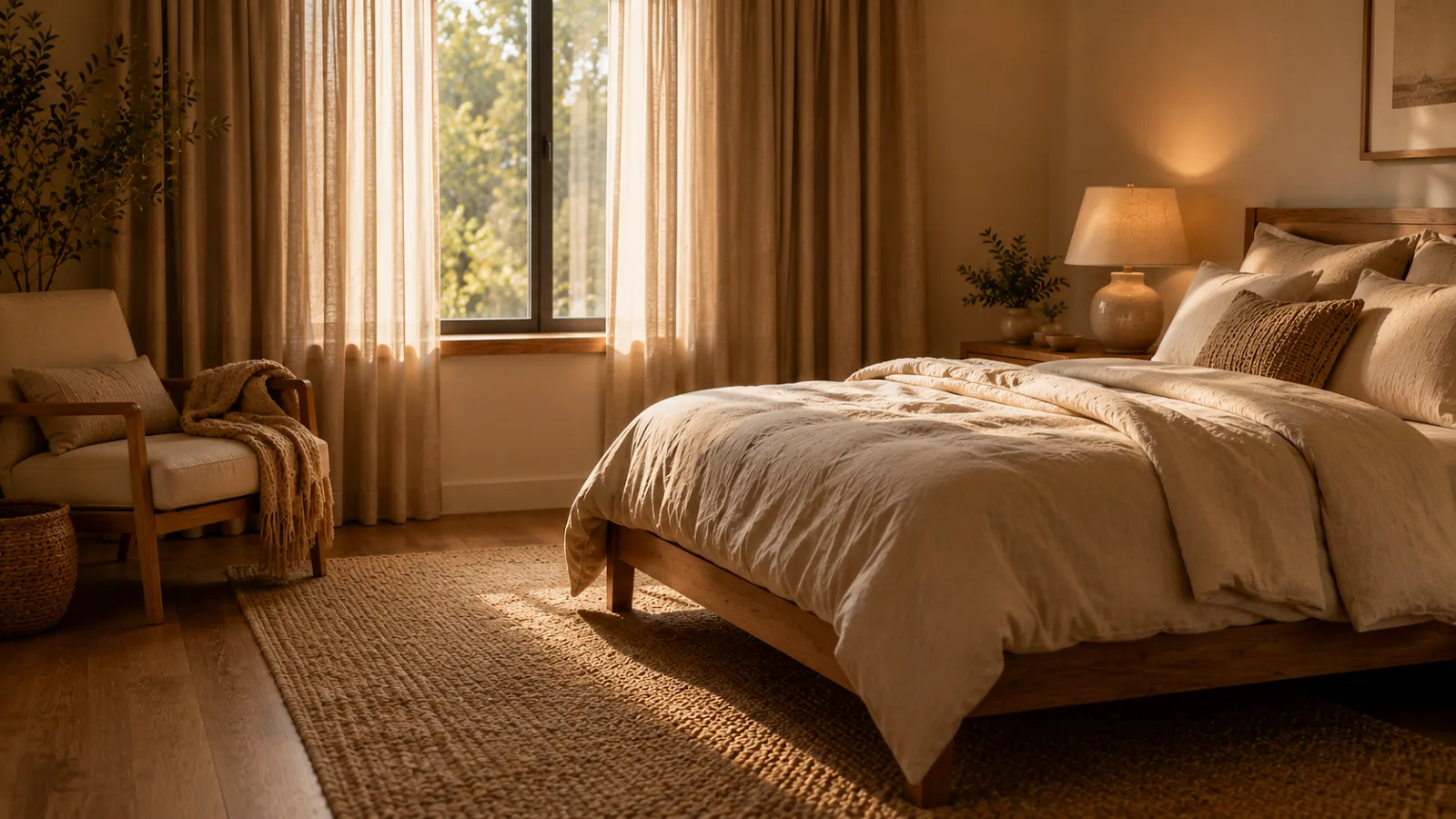 Cozy bedroom corner with a thick area rug, heavy curtains, and soft furnishings that help absorb outside noise