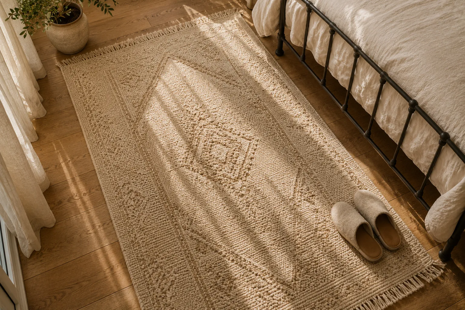 Neutral boho area rug styled on a bedroom floor beside a wood bed frame.