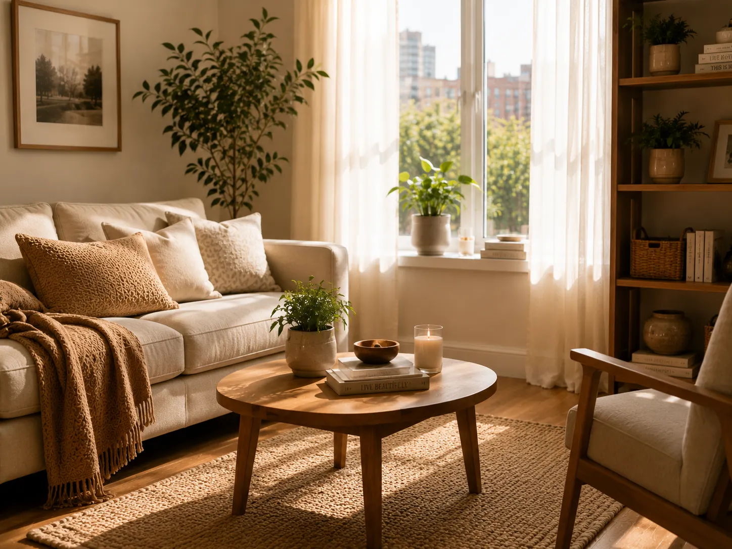 Small living room with a round table and reading chair arranged to create a distinct zone without walls