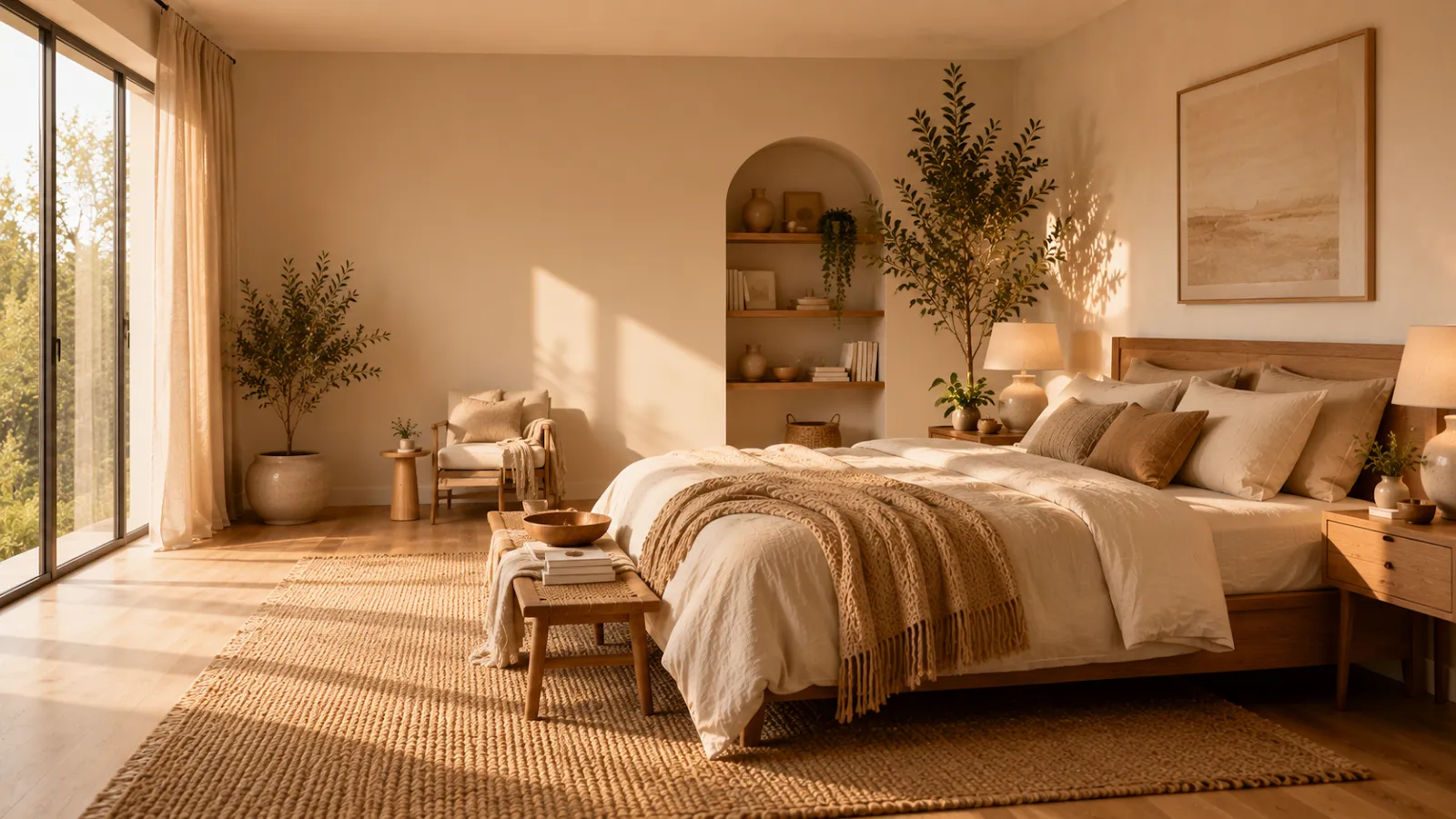 Spacious, tidy bedroom with a neatly made bed and mostly clear surfaces for a calm, open feeling